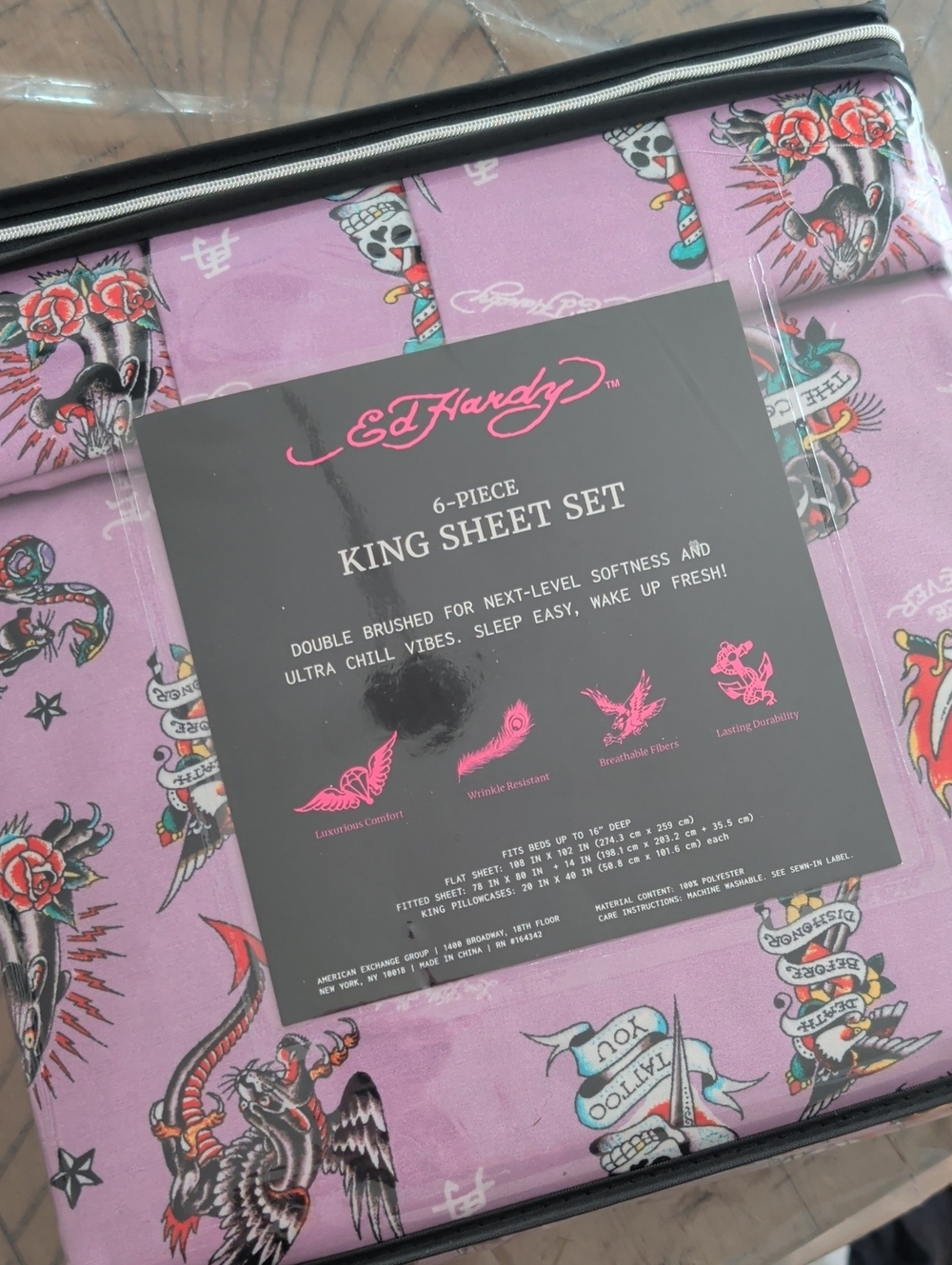 Ed Hardy Lavender Tattoo-Style King Sheet Set